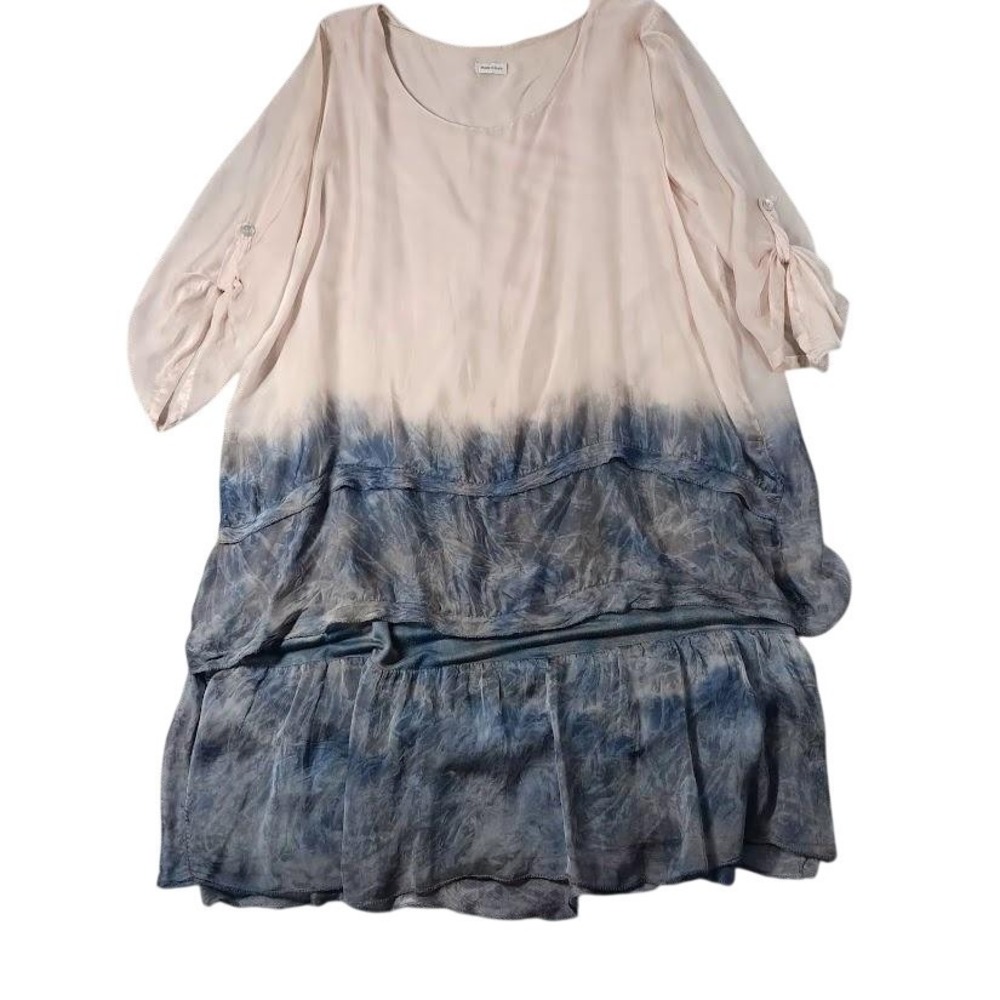 Boho Swing Dress Womens One Size Pink Blue Tie Dye Silk Layered Midi Italy